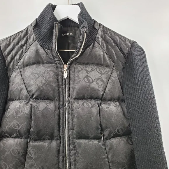 Bebe Black Bomber Puffer Ski Jacket Sweater Sleeve Y2K - Picture 2 of 6